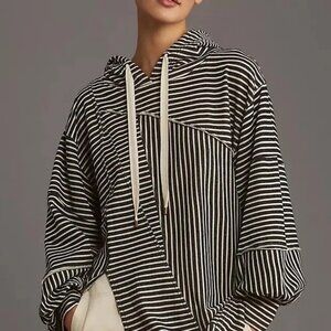 Anthropologie Black and White Striped Pullover Hoodie